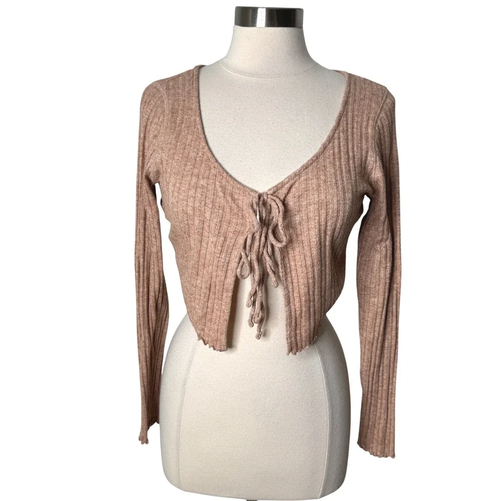 Aeropostale Long Sleeve Ribbed Double Cropped Cardigan Tan Peach Womens Large‎